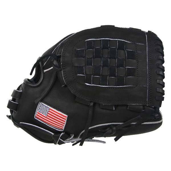 Side view of a black baseball glove with a woven web and an American flag patch.