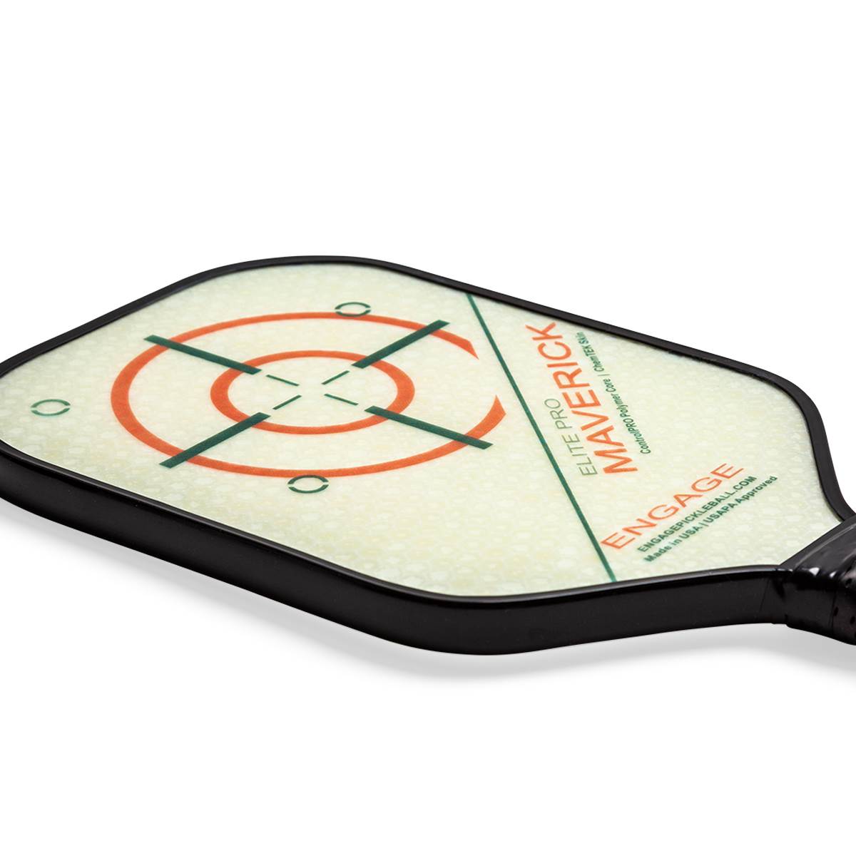 Top-down view of a white pickleball paddle with orange target and green lines, Maverick Elite Pro text.