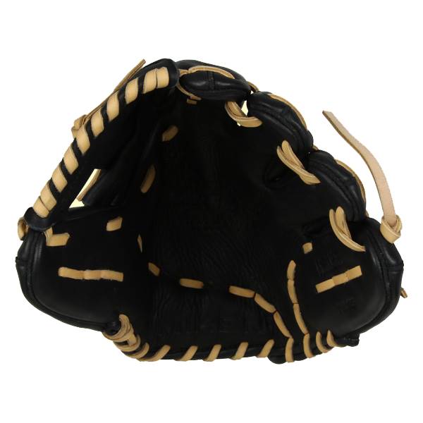 Interior view of a black baseball glove with tan lacing and a deep pocket.