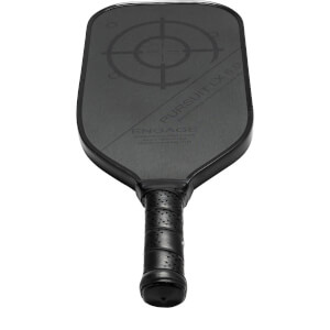 Top-down view of a black pickleball paddle with a target design, PURSUIT LX 6.0 text, and ENGAGE logo.