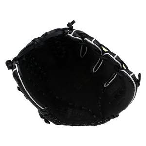 Top-down view of a black baseball glove with white stitching and a U-shaped pocket.