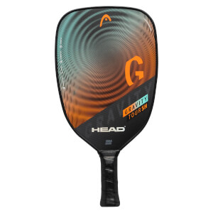 Front view of a black pickleball paddle with orange and teal swirl design, large orange G, and HEAD GRAVITY TOURSH text.