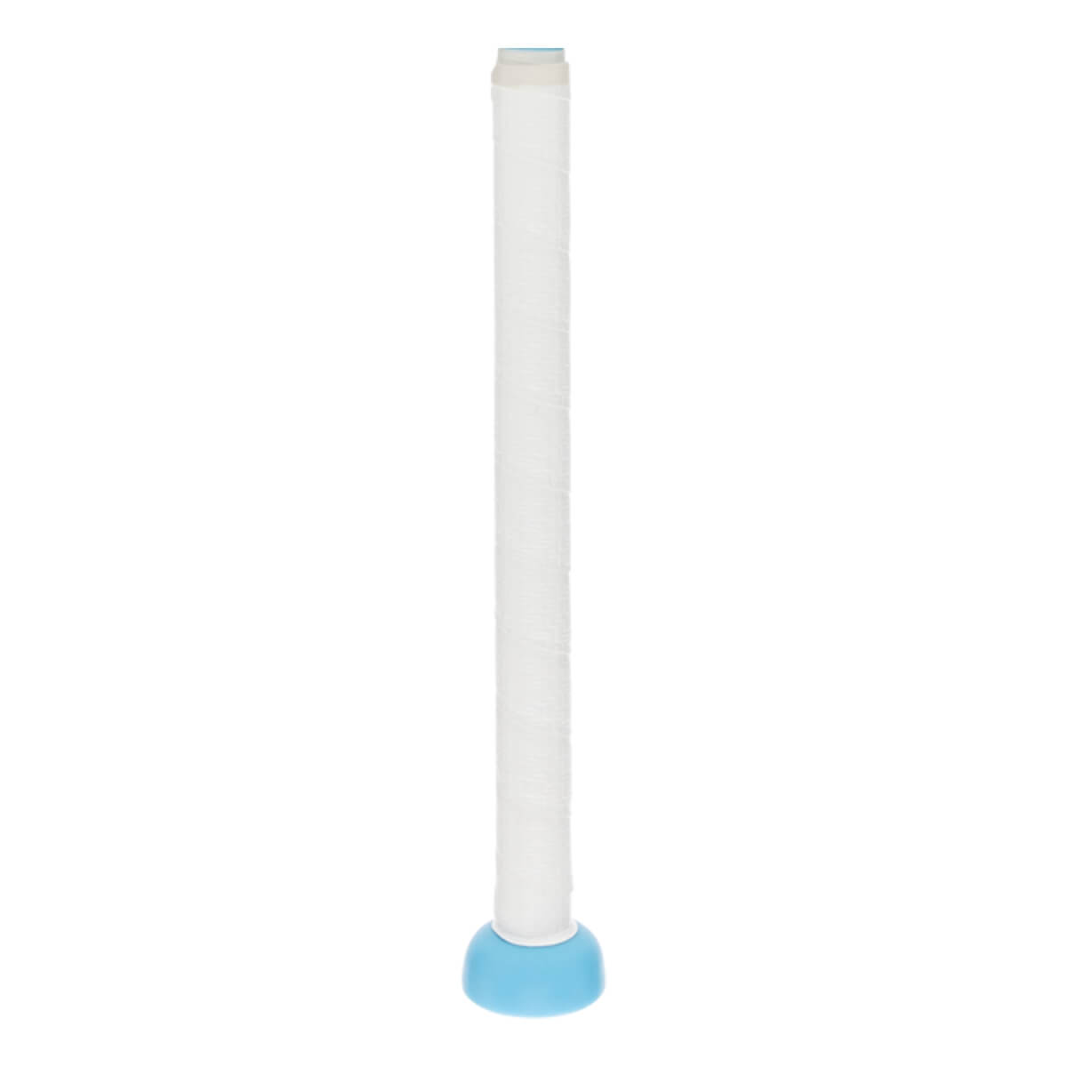 Upright view of a white fastpitch softball bat with a textured white grip, light blue end cap, and light blue top band.