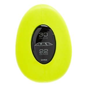 End view of a neon yellow baseball bat with 30 INCH, AXE, 22 OUNCE, and CHINA printed on a black oval.