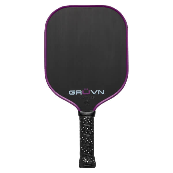 Front view of a black pickleball paddle with purple trim, GRUVN branding, and a black grip with white dots.