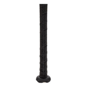 Close-up of a black baseball bat grip with a textured pattern and a black knob.