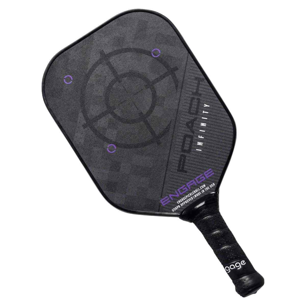 Top-down view of a black pickleball paddle with a target design, POACH INFINITY text, and purple accents.