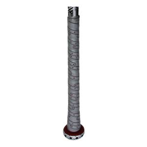 Close-up of a gray baseball bat grip with red dots and a black end cap.