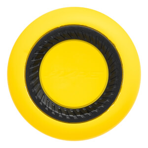 Top-down view of a yellow baseball bat with a black textured end cap and HYPE embossed.