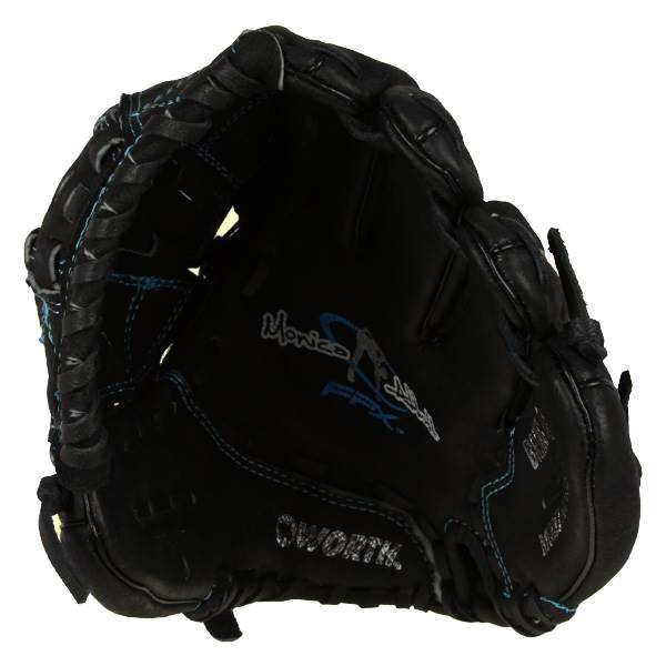 Interior view of a black fastpitch glove with blue stitching, Monica Abbott graphic, and WORTH text.