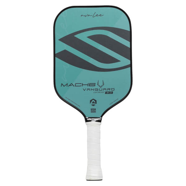 Front view of a teal pickleball paddle with a large grey S-curve design, MACH6 VANGUARD text, and a white grip.