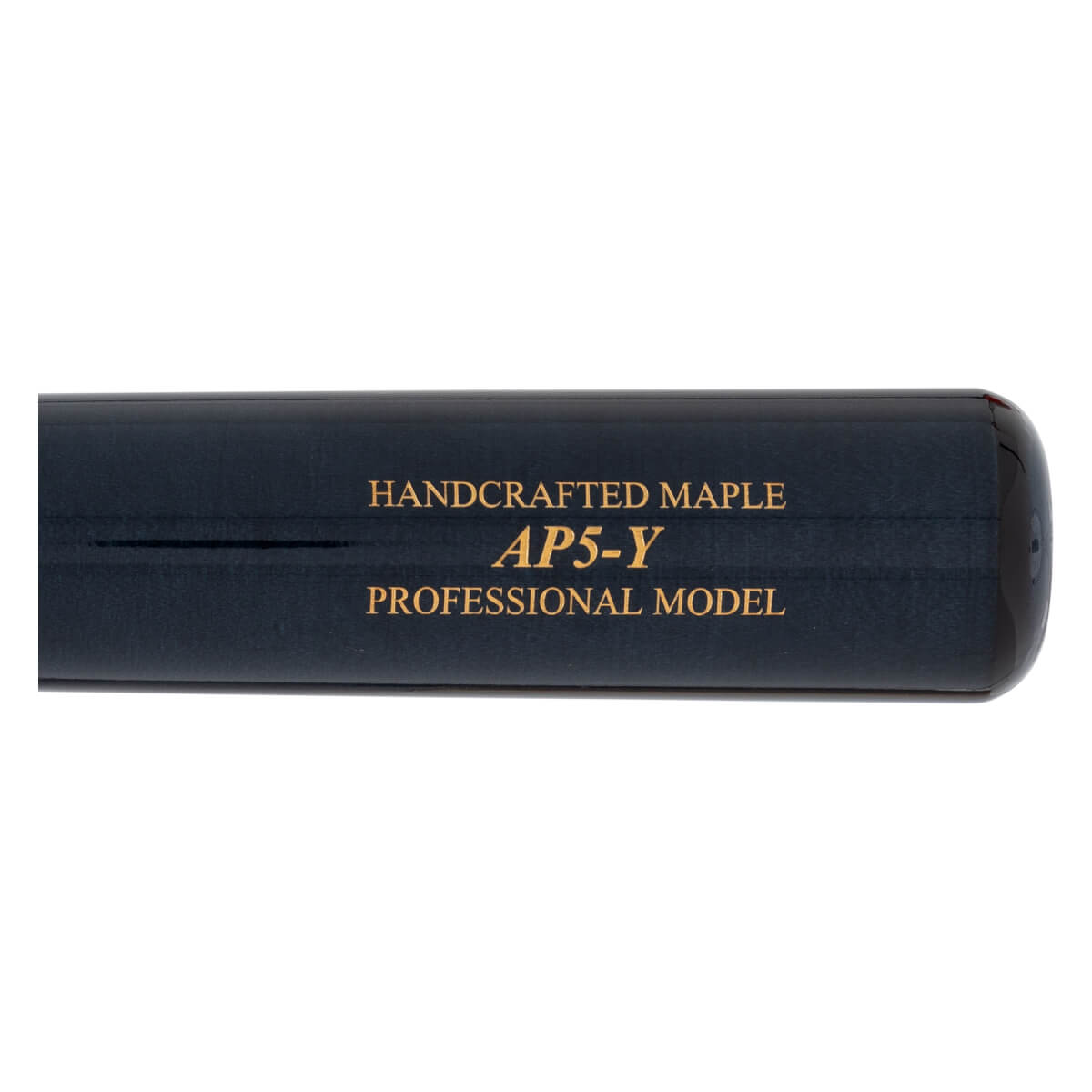 Side view of a dark blue baseball bat with gold text reading HANDCRAFTED MAPLE AP5-Y PROFESSIONAL MODEL.