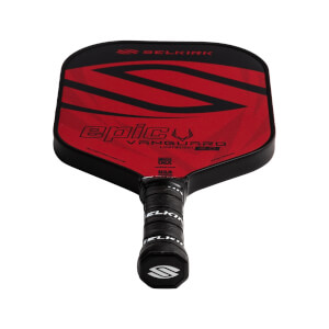 Front view of a red and black Selkirk VANGUARD 2.0 Epic paddle with a large S graphic and textured grip.