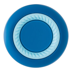 Top-down view of a blue baseball bat end cap with a light blue textured ring.