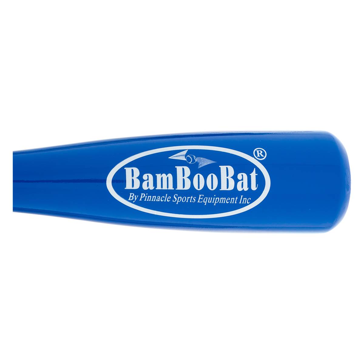 Side view of a blue BamBooBat training bat with white oval logo.