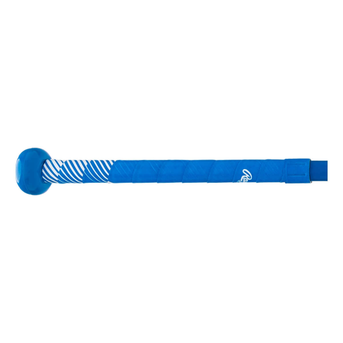 Side view of a blue fastpitch softball bat with a striped grip and Rawlings logo.