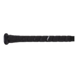 Side view of a black baseball bat handle with a textured wrapped grip, black knob, and white TREB logo.