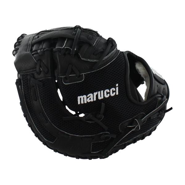Front view of a black baseball glove with white marucci text and mesh detailing.