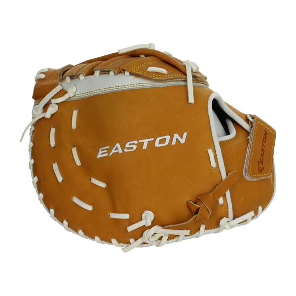 Front view of a tan Easton first base mitt with white lacing and a white wrist strap.