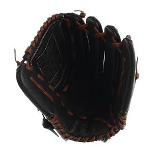 Inside view of a black Rawlings softball glove with brown lacing and a diamond-patterned pocket.