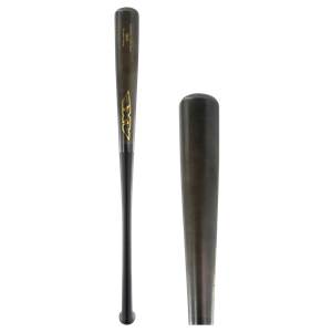 Full view of a dark wood baseball bat with gold AXE branding and a rounded knob.