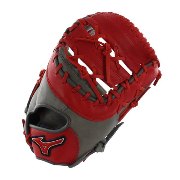 Front view of a red and gray baseball glove with red lacing and a Mizuno logo.