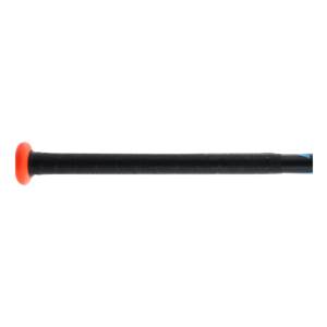 Side view of a black softball bat with an orange knob and blue accents.