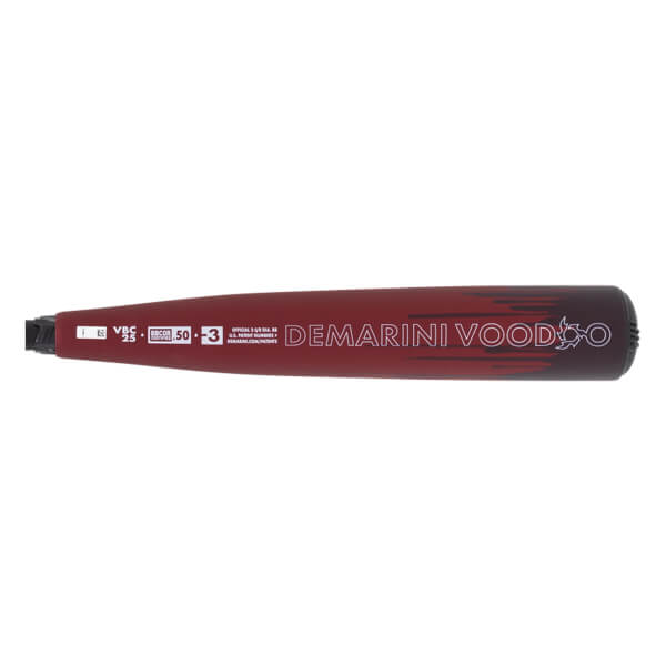 Side view of a red DeMarini Voodoo baseball bat with VBC 25 and 50-3 markings.