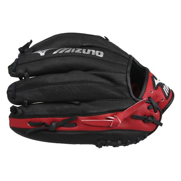 Side view of a black and red youth baseball glove with Mizuno branding and red lacing.