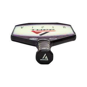 Top-down view of a white pickleball paddle with black grip, TOPP logo, and VIPER text.