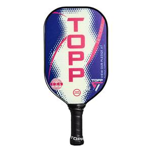 Front view of a white pickleball paddle with blue and pink abstract design, TOPP logo, and USA seal.