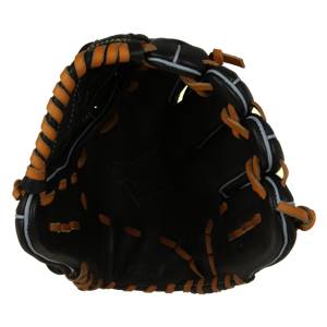 Top-down view of a black baseball glove with tan lacing and white trim.