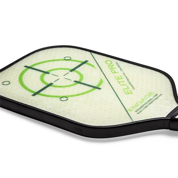 Top-down view of a white pickleball paddle with green target design, ELITE PRO text, and Engage branding.