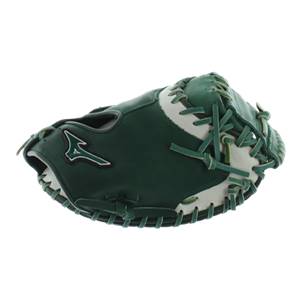 Side view of a dark green and white baseball glove with green lacing and a Mizuno logo.