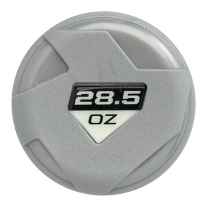 Top-down view of a gray softball bat end cap with 28.5 OZ printed in white and black.