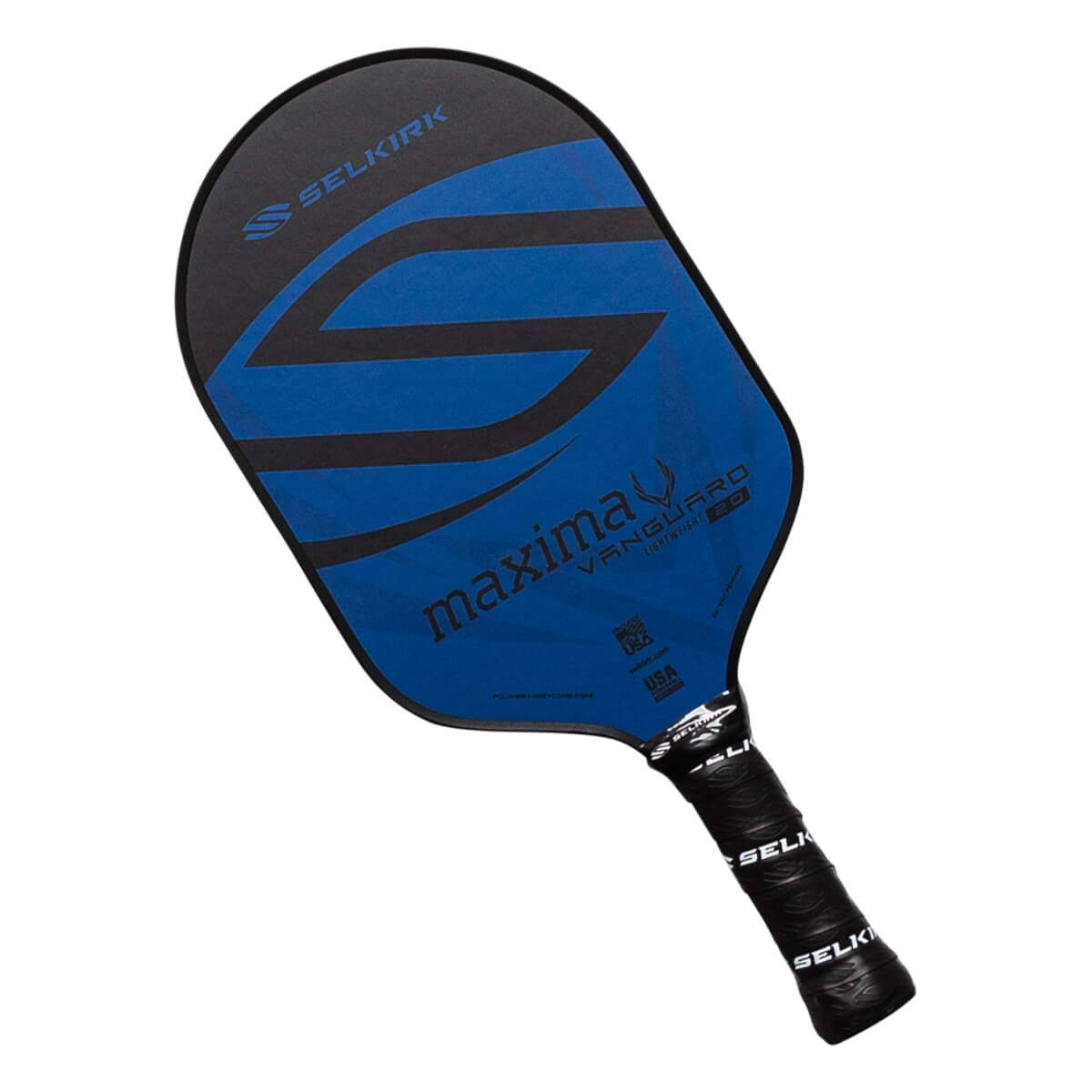 Top-down view of a blue and black Selkirk VANGUARD 2.0 Maxima pickleball paddle with a large S graphic and textured grip.