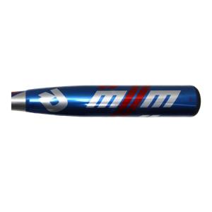 Side view of a blue baseball bat with red and white M2M lettering and a silver DeMarini logo.