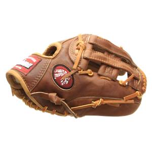 Side view of a brown baseball glove with a red and white Indian head logo and tan lacing.