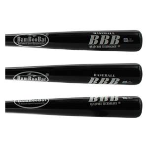 Side view of three black baseball bats with BamBooBat and BBB logos.
