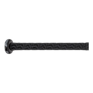 Side view of a black baseball bat with a textured grip and OMAHA text on the knob.