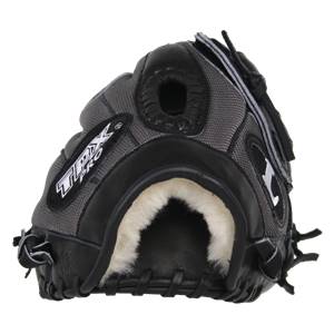 Back view of a black and gray baseball glove with TPX PRO branding and white fur lining.