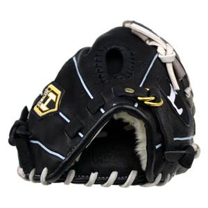 Front view of a black Louisville Slugger Helix Series glove with white stitching and a gold logo.