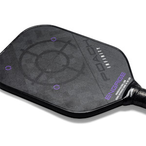 Top-down view of a black pickleball paddle with a target graphic and POACH INFINITY text.