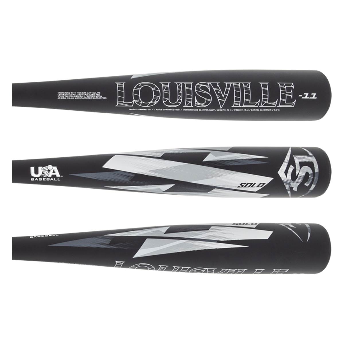 Side view of a black Louisville Slugger baseball bat with white LOUISVILLE text and USA BASEBALL logo.