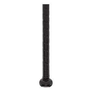 Close-up of a black baseball bat grip with a textured spiral pattern and a rounded knob.