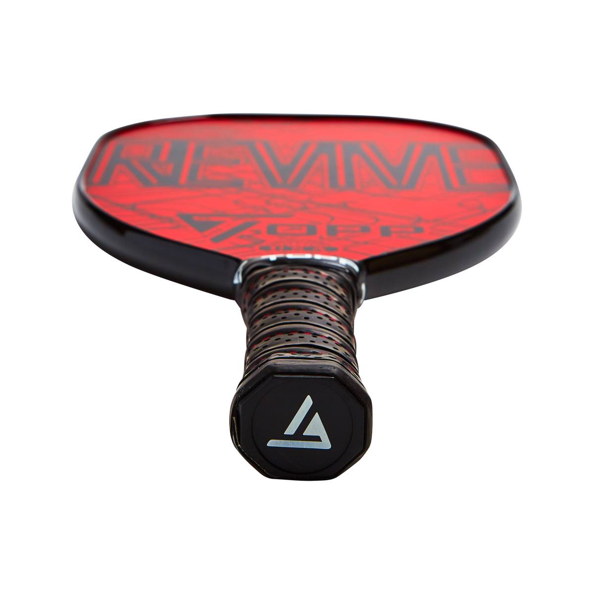 Top-down view of a red pickleball paddle with black grip and white triangle logo.