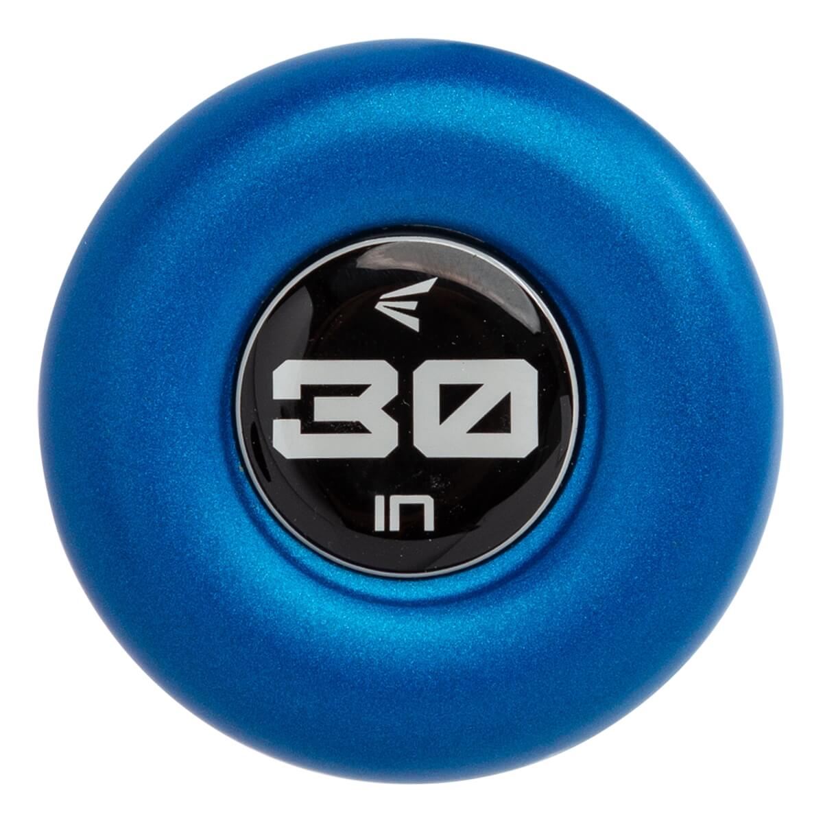 Top-down view of a blue baseball bat end cap with Easton logo and 30 IN text.