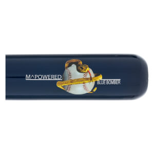 Side view of a blue baseball bat with MAPOWERED and BLUE BOMBER text and a snake coiled around a baseball graphic.