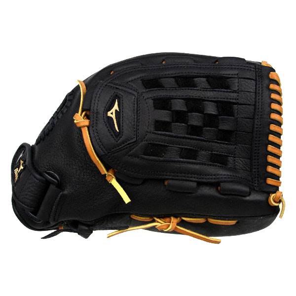 Side view of a black baseball glove with tan lacing and a checkered web pattern.