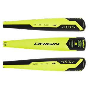 Top-down view of a yellow and black Axe Origin baseball bat with ORIGIN and AXE branding.